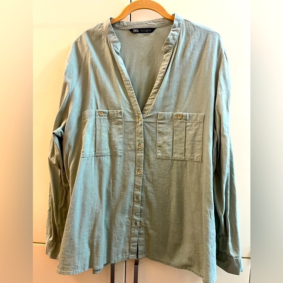 Zara Tops - Zara Women's Linen Blend Front Roll Tab Sleeve Top Blouse Shirt Olive Sz XLarge